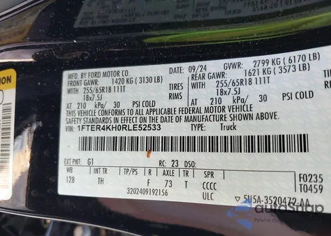 2024 Ford Ranger Lariat z USA, uszkodzony, nr VIN 1FTER4KH0RLE52533